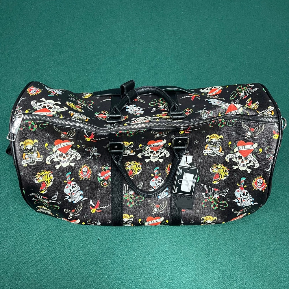 Ed Hardy Duffle Bag Black Tattoo Flash Print Vegan Leather Laptop Sleeve Travel - Picture 6 of 12